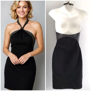 BEBE | Genuine Leather Knot Halter Black Sheath Dress